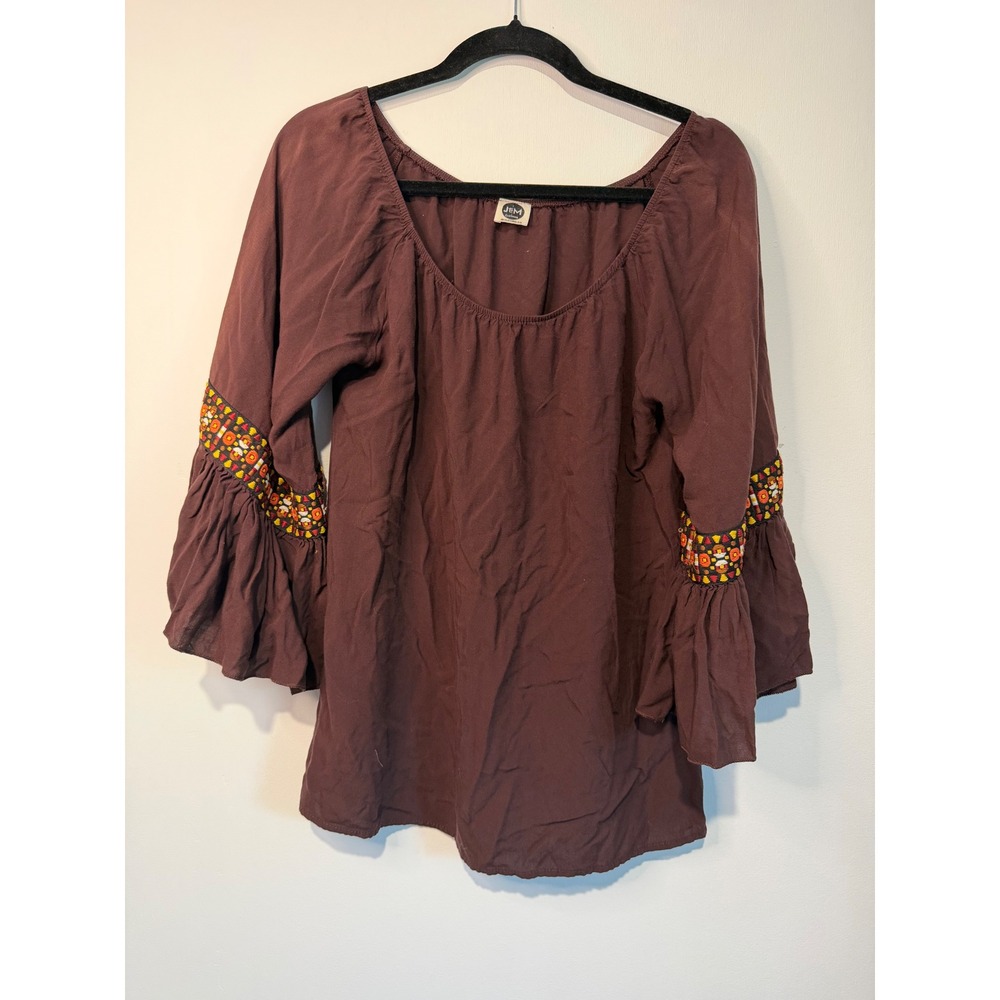 J&M Clothing Co Brown Boho Peasant Blouse Embroidered Bell Sleeve Top L